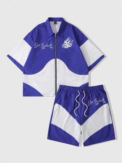 Street Life Men's Preppy Color Block Patchwork Boxy Fit Shirt And Shorts Set