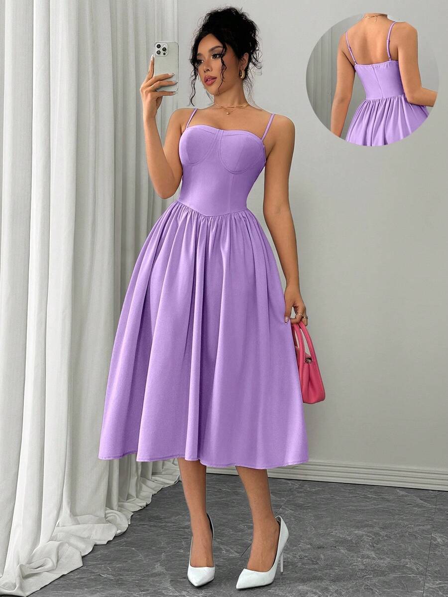 Rafferiza 秋冬女士时尚百搭约会派对细肩带喇叭裙 - 淡紫色 - 查看 1