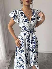 Selianne 新款女式 V 领编织蝴蝶印花收腰前褶饰不对称下摆优雅修身喇叭裙 - 彩色 - 查看 4