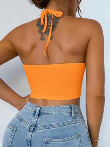 Zolique 女式夏季纯色镂空罗纹无袖性感吊带橙色背心 - 橘色 - 查看 2