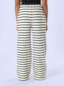 SUMWON Wide Leg Knitted Pants Horizontal Striped Ribbed Wear Palazzo Pants Fall Winter Cozy Soft Tween Bottoms - Black and White - View 2