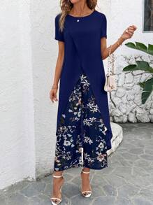 SHEIN Clasi Set de 2 piezas para mujer con Top de manga corta cuello redondo con abertura en el bajo y pantalones con estampado floral para vacaciones - Azul Marino - Ver 3