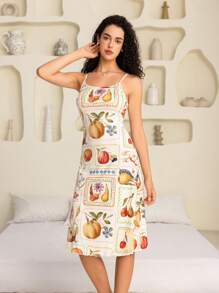 SHEIN Touch of Art 女士水果图案休闲夏季吊带睡袍 - 杏色 - 查看 5