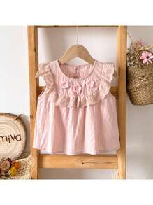 Loomiva 少女无袖雪纺花卉贴花荷叶边下摆休闲衬衫，春夏季 - 粉色 - 查看 1