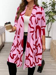 Flirla Áo khoác dài in họa tiết sọc thường ngày cỡ lớn cho nữ - Hồng - Xem 5