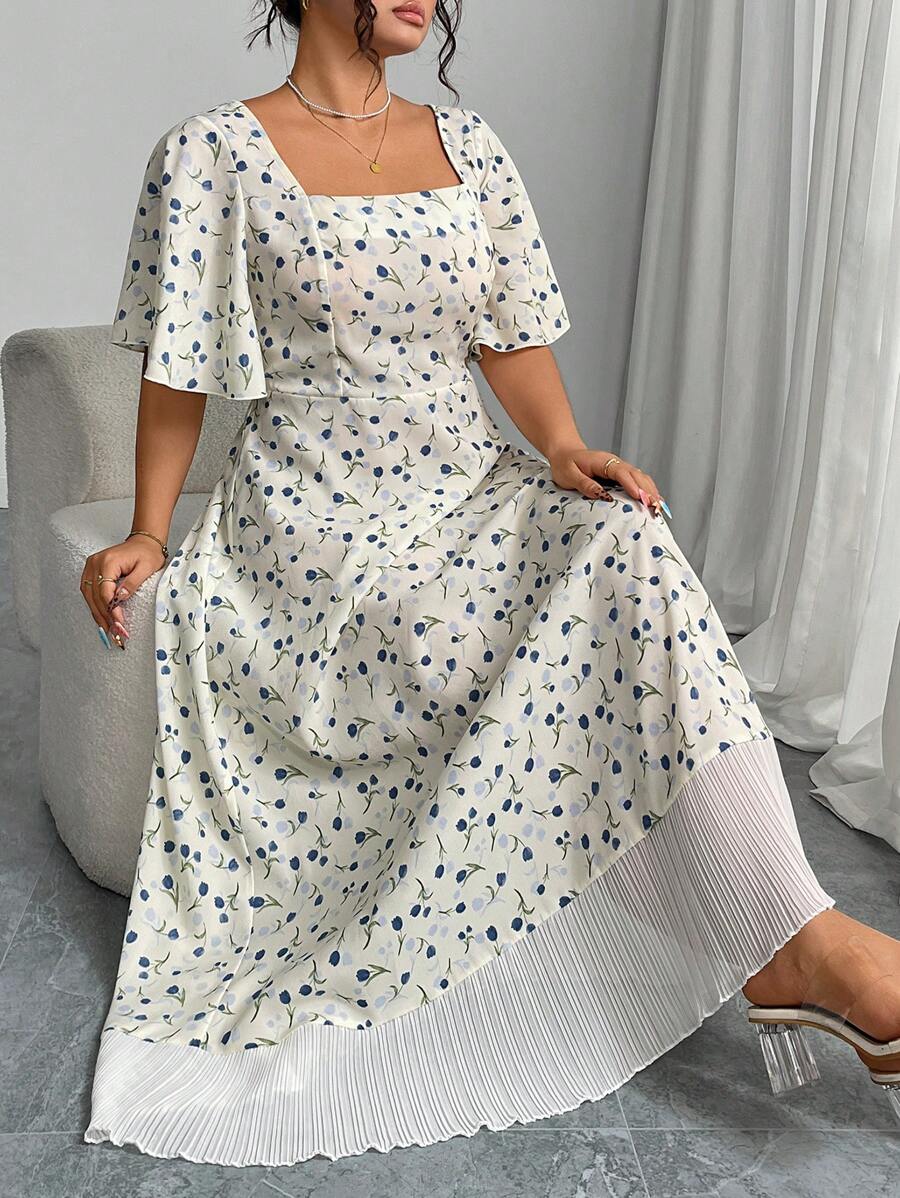 Modelyn Plus Size Print Long Sleeve Splice Lace Tie-Up Woven Dress - Multicolor - View 1