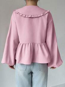 SHEIN Unity 个性领口灯笼袖前部打结荷叶边衬衫，适合夏季女士衬衫 - 粉色 - 查看 2