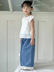DAZY Bộ 2 món/Bộ áo ren không tay mùa hè cho bé gái và quần denim thường ngày - Rửa trung bình - Xem 2