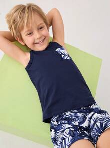 SHEIN Young Boy Tropical Print Patched Pocket Tank Top & Shorts - Navy Blue - View 1