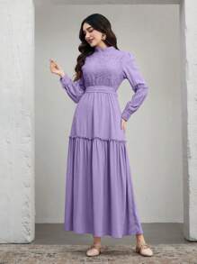 Graceveil Women's Solid Color Lace Splicing Stand Collar Long Sleeve Elegant Dress