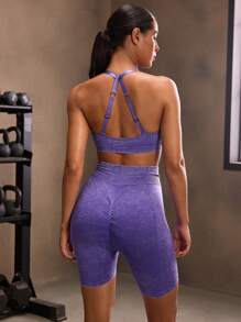 Powerista Women's Necktie Bra And Shorts Seamless Sports Workout Gym Sets - Purple - View 3