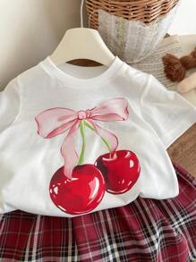 SHEIN 2pcs/Set Young Girl Cherry Pattern Round Neck T-Shirt + Woven A-Line Skirt With Leggings Safety Shorts Suit - Red - View 4