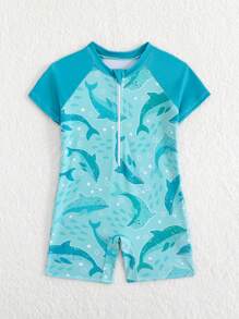 Baby Boy Vacation Beach Shark Print One-Piece Swimsuit Baby Boy Swimsuit Zipper Baby Boy Rash Guard Swimsuit Baby Boy Swimsuit Dolphin Swimsuit Baby Boy Zip Up Baby Swimsuit - Baby Blue - View 6