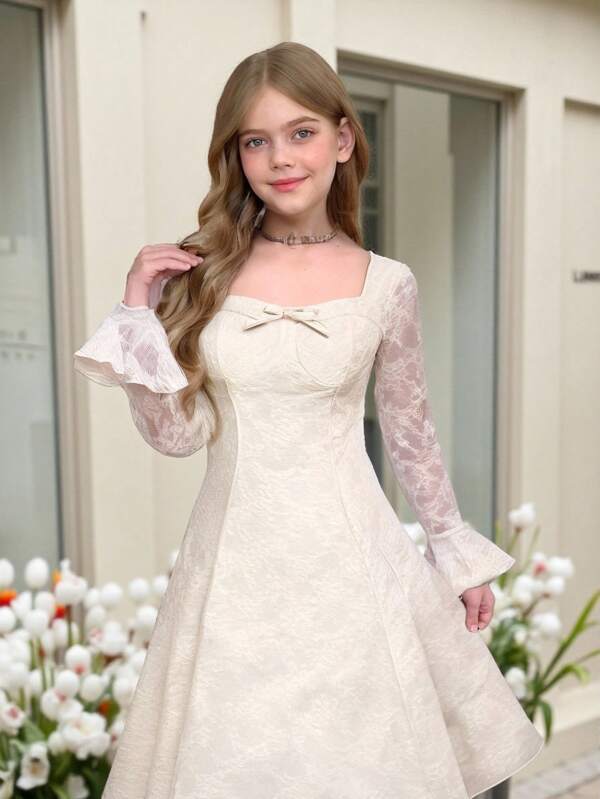 SHEIN Serisse Kids فستان أكمام طويلة للفتيات الشابات، للحفلات والمناسبات والمهرجانات، فساتين أنيقة، فساتين حفلات التخرج والسهرات الراسمية، فساتين حفلات، فساتين للضيوف في حفلات الزفاف، عيد الميلاد