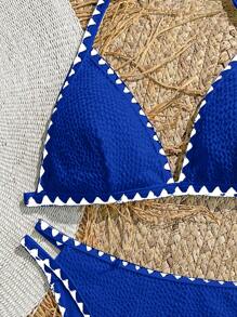 SHEIN 少女白色针织纹理蓝色贝壳图案工艺，夏季沙滩锁边三角比基尼套装，沙滩装泳衣夏季，夏季沙滩 - 藍色 - 查看 3