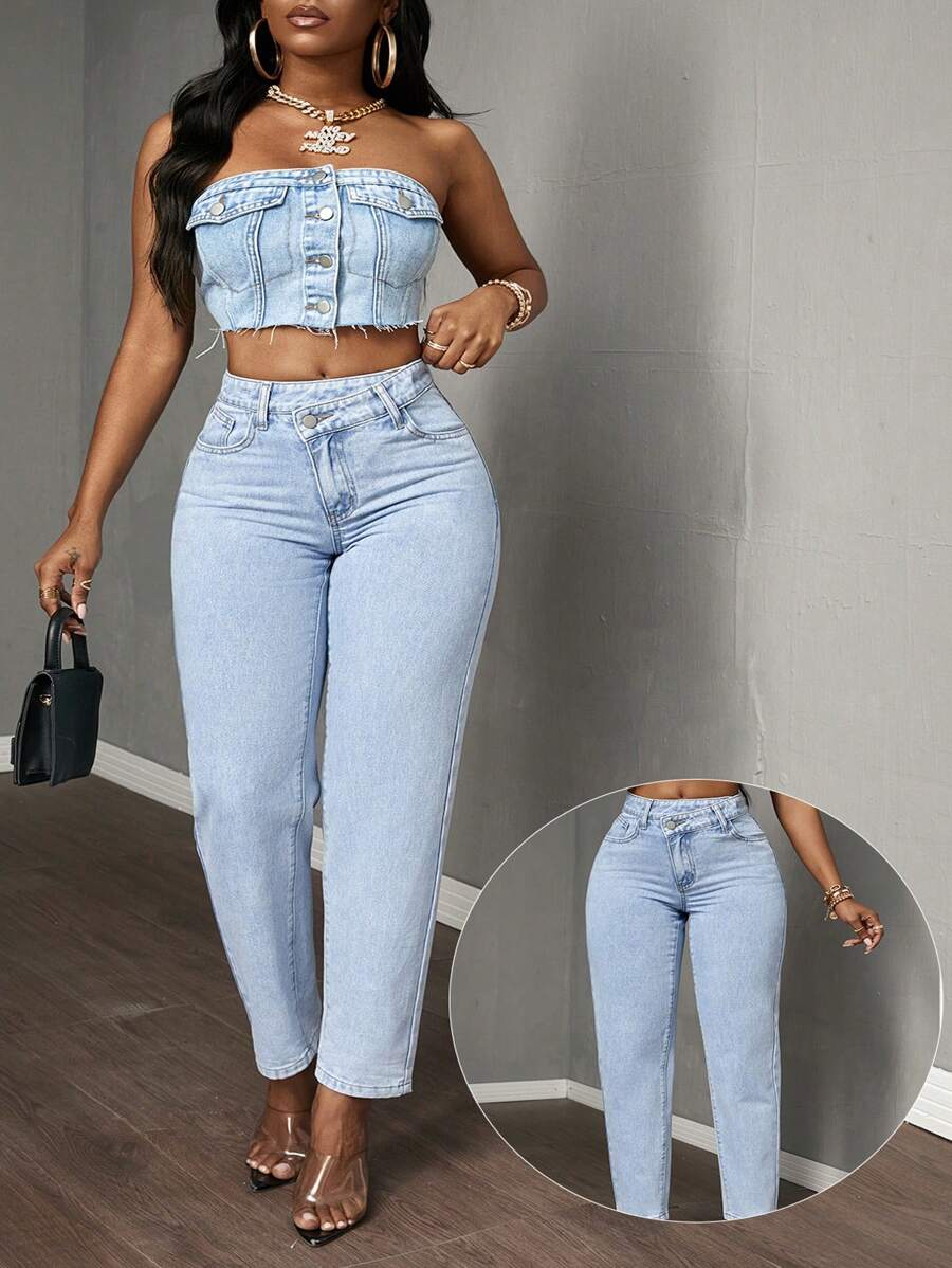 Quần jean denim ống côn giặt thường ngày cạp bất đối xứng cỡ lớn - Màu xanh lam - Xem 1