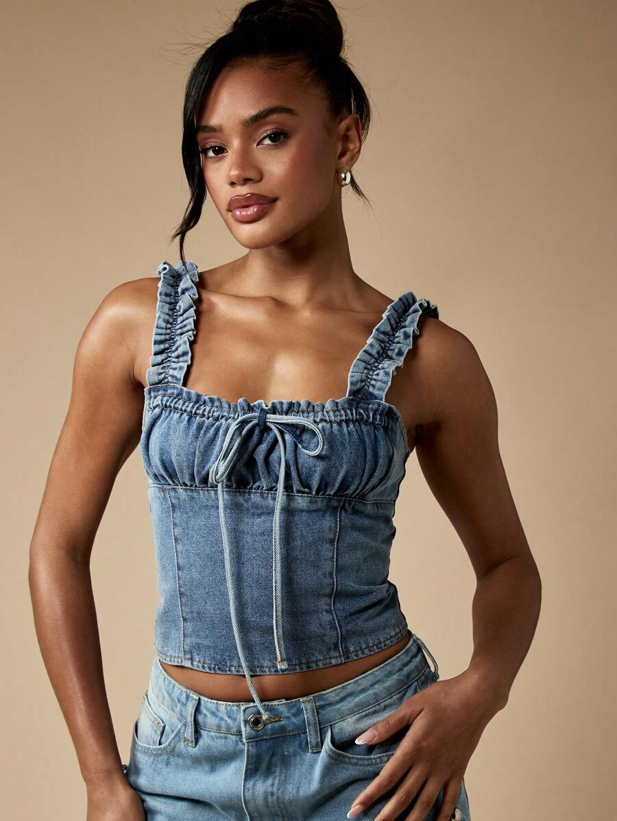MISSGUIDED Denim Corset Crop Top With Smocked Back｜MISSGUIDED