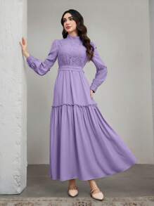 Graceveil Women's Solid Color Lace Splicing Stand Collar Long Sleeve Elegant Dress