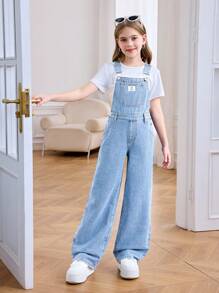 SHEIN Tween Girl's Y2K Spring Summer Casual Patched Detail Baggy Denim Overalls Jumpsuit Jeans Without Top, For Spring/Summer Outfits,Girls Denim Romper