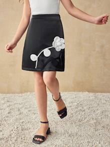 Ontre Tween Girl Casual Textured Flower Decor A-Line Skirt - Black - View 4