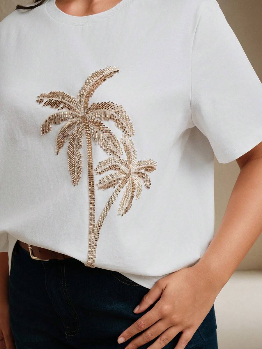 Anewsta Hochwertige modische Damen Sommer T-Shirt mit Rundhalsausschnitt, Kurzarm, weiß mit Blumen Stickerei, Basic gerade geschnittenes Lässig Top für den Urlaub - Weiss - Übersicht 1