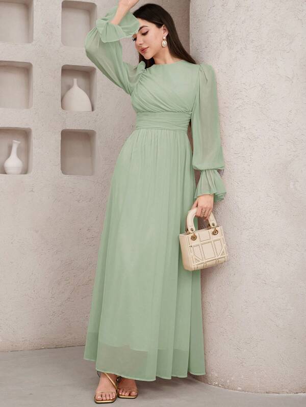 Veilorie Women's Elegant Solid Color Arabic Long Dress  Occasion Dresses  Tea Party Dress   Birthday Women Outfits  Sage Green Dress Summer Clothes