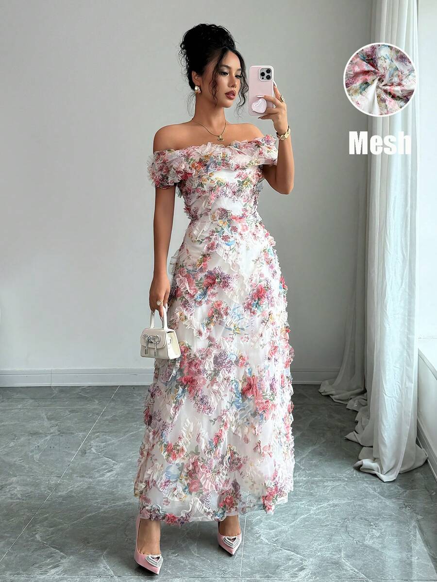 Selianne 女士优雅雪纺 3D 花卉露肩 A 字长裙