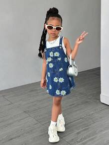 SHEIN Sparklyn 适合年轻女孩的花卉印花牛仔连衣裙，可爱休闲，适合日常穿着，夏季 - 深色水洗藍 - 查看 6