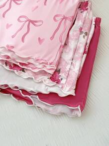 Snug Zone 3件套可爱花卉印花蝴蝶结撞色女士睡衣套装 - 彩色 - 查看 5