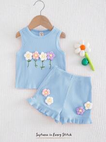 Cozy Pixies Baby Girl 3D Floral Round Neck Sleeveless Pullover Top And Elastic Waist Shorts 2pcs Set