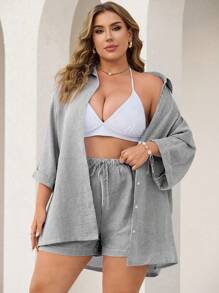 Swim Lushoire Women's 2 Piece Set Blue White Striped 3/4 Sleeve Shirt & Shorts, Summer Beach Casual Plus Size 2 Piece Lounge Sets Woman - Black and White - View 1