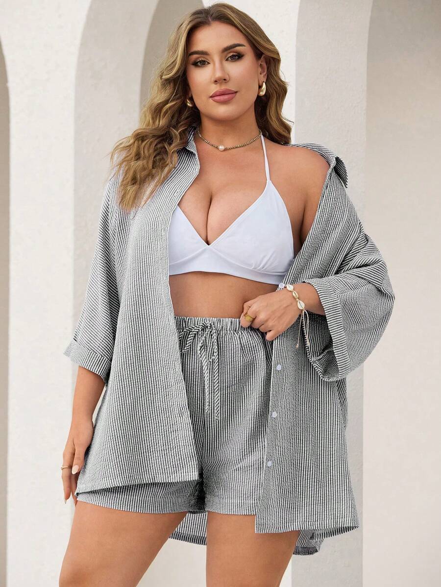 Swim Lushoire Women's 2 Piece Set Blue White Striped 3/4 Sleeve Shirt & Shorts, Summer Beach Casual Plus Size 2 Piece Lounge Sets Woman - Black and White - View 1