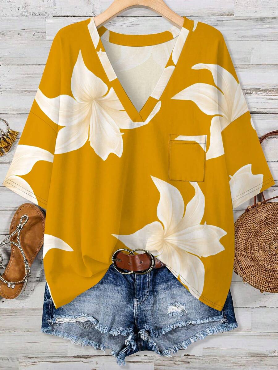 SHEIN LUNE Yellow Floral Print Casual Plus Size T-Shirt For Plus Size, Suitable For Summer Suitable For Going Out - Multicolor - View 1