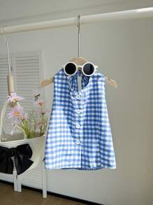 Tween Girls' Plaid Print Front Button Halter Top, Summer - Blue - View 3