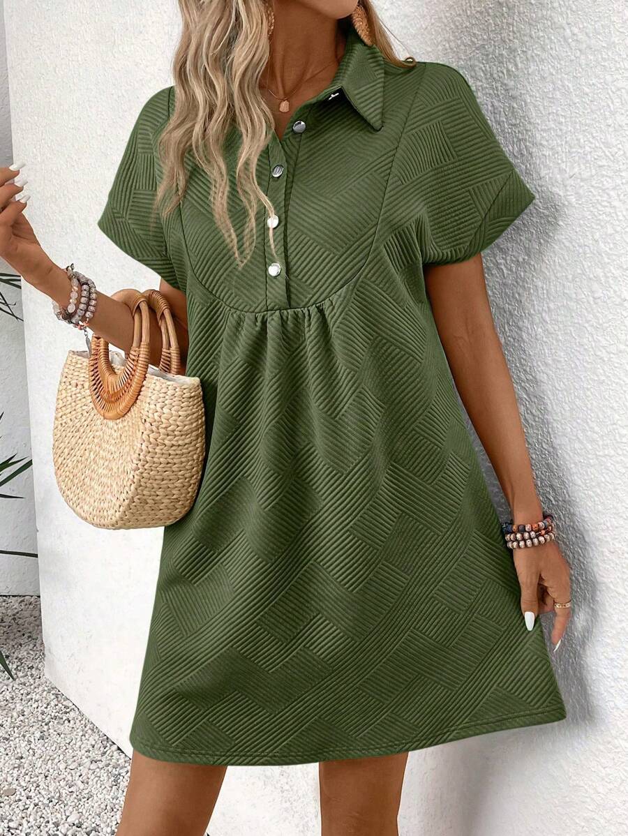 SHEIN LUNE Women's Casual Bat Sleeve Half Placket Lapel Summer Dress - Olive Green - View 1