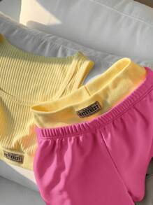 Comfortcana 女式字母印花背心和撞色拼接短裤套装，两件套服装，夏季 - 彩色 - 查看 7