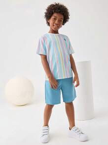 SHEIN Tween Boy Striped & Tropical Print Tee & Shorts Without Necklace