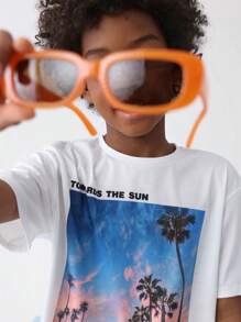 SHEIN Tween Boy Slogan And Tropical Print Top & Shorts