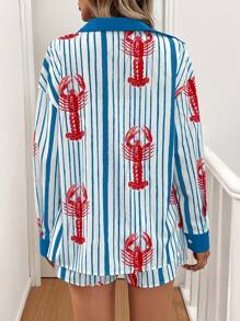 Chiquease Bộ áo sơ mi sọc in hình tôm hùm và quần short, tay dài - Màu xanh nhạt - Xem 2