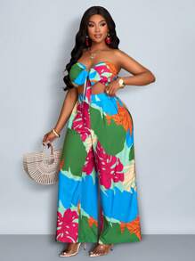 Maweii Conjunto de dos piezas de talla grande con top tubo y pantalones holgados impresos, vestimenta de playa y resort bohemia de verano para mujer