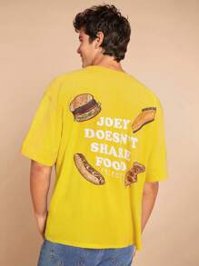 Mystic heart FRIENDS X SHEIN Men's Casual Slogan & Burger Graphic Round Neck Drop Shoulder Short Sleeve T-Shirt, Summer - Yellow - View 1