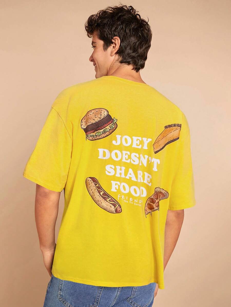 Mystic heart FRIENDS X SHEIN Men's Casual Slogan & Burger Graphic Round Neck Drop Shoulder Short Sleeve T-Shirt, Summer - Yellow - View 1