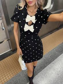 Siren Gaze 女式蝴蝶结装饰波尔卡圆点印花荷叶边短款泡泡袖迷你连衣裙 - 黑色 - 查看 2