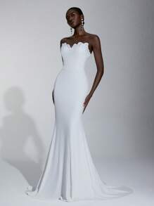 Elitara 优雅奢华白色手工全胸珍珠贝壳领高腰修身美人鱼下摆连衣裙，适合婚礼、新娘礼服 - 白色 - 查看 7