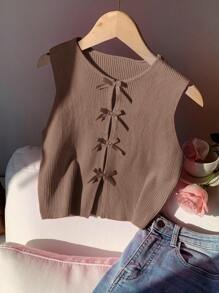 Comfortcana 女士休闲棕色蝴蝶结镂空针织毛衣 - 棕色 - 查看 4