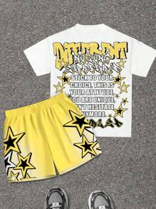 SHEIN 2 piezas Conjunto casual con estampe de dibujos animados de manga corta y cuello redondo para niños pre-adolescentes, apropiado para el verano