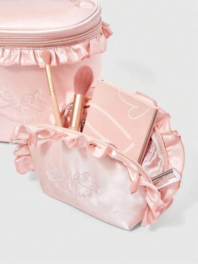 Kawaii Bolsa de cosméticos bordada con conejo de estampado floral 336027, bolsa de aseo portátil y linda con asa, bolsa de almacenamiento de ropa/artículos, monedero con forma de concha, regalo de viaje