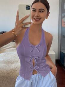 Livesso Atasan Wanita Polos Model Halter dengan Kerah U, Ikatan di Depan, dan Resleting di Belakang, Cocok untuk Acara Liburan. - Purple - View 2