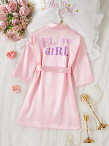 Young Girls Floral & Letter Print Robe Sleepwear Fall Winter - Pink - View 2