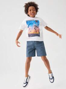 SHEIN Tween Boy Slogan And Tropical Print Top & Shorts